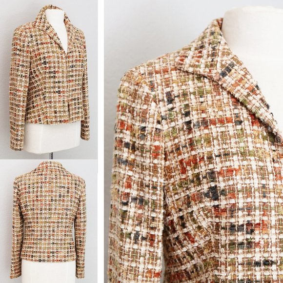 Lafayette 148 New York Tan Autumnal Wool Blend Tweed Cropped Blazer Jacket 4 - Picture 8 of 14